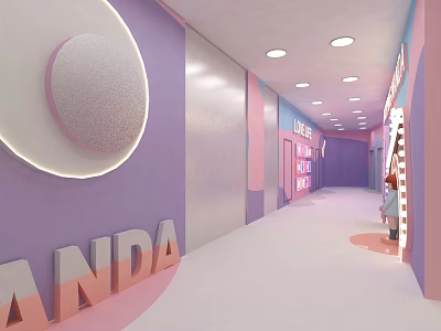 Vibrant Activity Passage With Purple Pink Walls Circular Decor Lighting And Display Shelves 3d model
