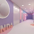 Vibrant Activity Passage With Purple Pink Walls Circular Decor Lighting And Display Shelves