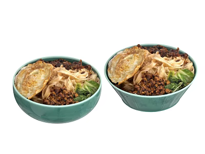 Two Bowls of Noodles with Fried Egg Minced Meat and Vegetables in Green Bowls 3d model