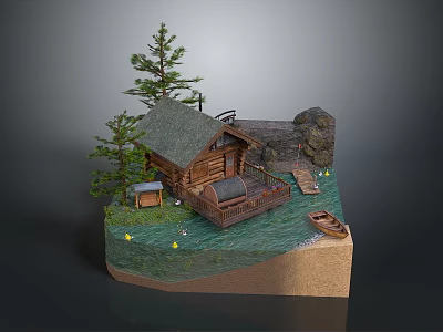 Scenic Log Cabin Model With Wooden Deck Pine Trees And Boat On Water 3d model