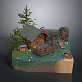 Scenic Log Cabin Model With Wooden Deck Pine Trees And Boat On Water