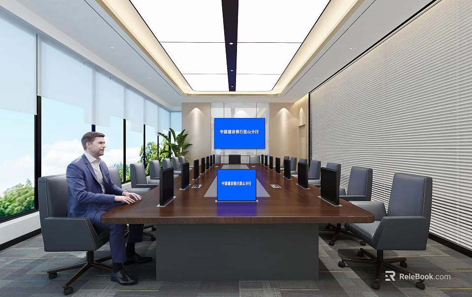 Modern Conference Room With Long Wooden Table Gray Chairs Monitors And Large Screen 3d model 