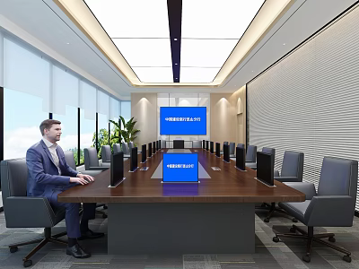 Modern Conference Room With Long Wooden Table Gray Chairs Monitors And Large Screen 3d model