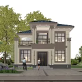 Detached Villa Exterior Design With Green Trees Lawn Car And People Near Entrance