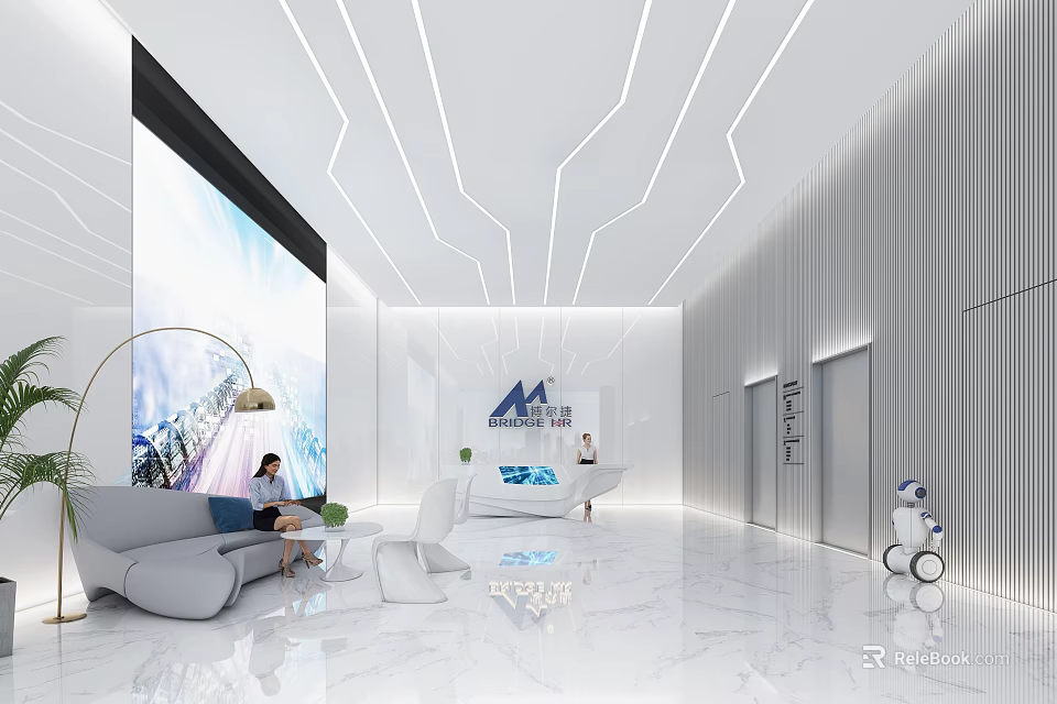 Modern Front Reception Area With Reception Desk Sofa Lighting And Marble Floor 3d model 