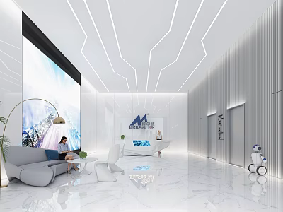 Modern Front Reception Area With Reception Desk Sofa Lighting And Marble Floor 3d model