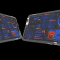 Futuristic Metallic Tablets With Advanced Tech Interfaces Blue Orange Screens Data Charts Circular Dashboards
