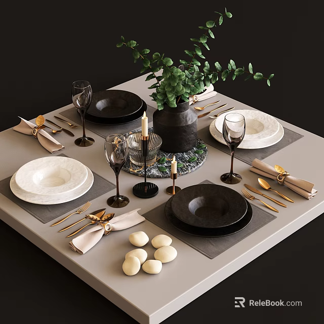 Tableware Set with Black White Plates Wine Glasses Golden Cutlery Green Plant and Candles 3d model 