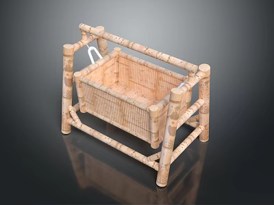 Natural Wooden Baby Crib With Woven Bed And Rustic Sturdy Frame 3d model