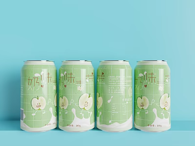 Four Milk Flavor Beverage Cans With Green Apple Design On Light Blue Background 3d model
