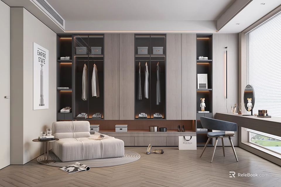 Modern Walk-in Closet Interior With Storage Cabinets Hanging Clothes Seating Area And Herringbone Wood Floor 3d model 