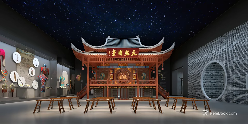 Traditional Chinese Cultural Center with Classic Roof Wooden Structure Starry Ceiling and Wooden Tables 3d model 