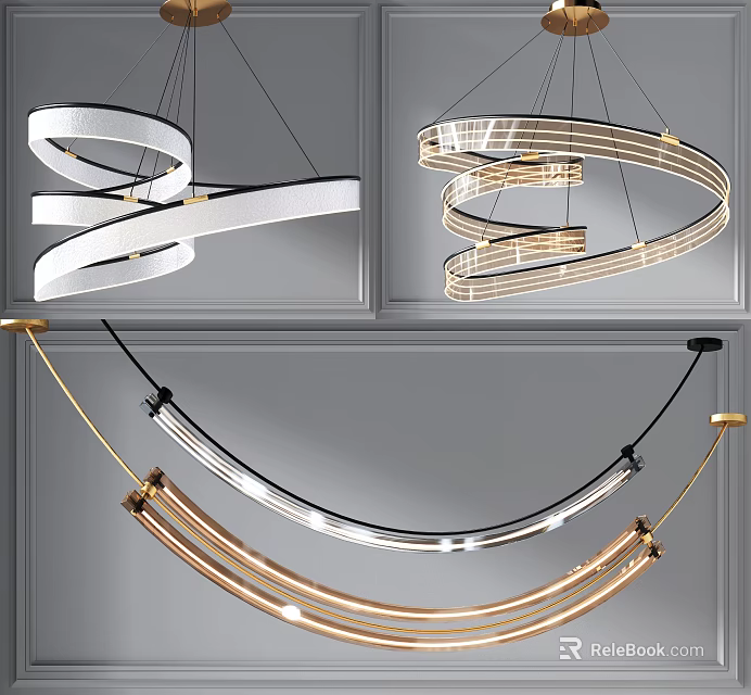 Modern Chandeliers With Curved Ring Spiral Metal White LED Lighting Fixtures Design 3d model 
