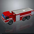 Red and white fire truck with water tank multiple wheels and white stripes