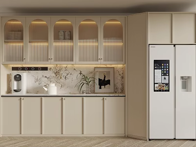 Elegant Kitchen Sideboard With Arched Wall Cabinets LED Strip Lights And Marbled Backsplash 3d model