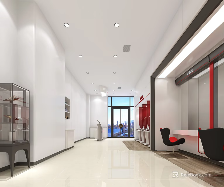 Modern Bank Interior Design With Glass Doors Seating Area And Display Cabinets 3d model 