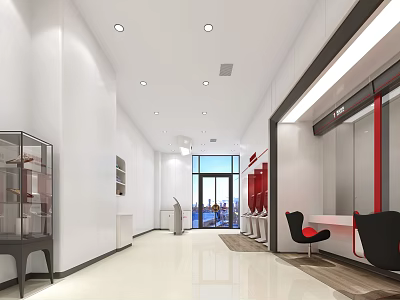 Modern Bank Interior Design With Glass Doors Seating Area And Display Cabinets 3d model