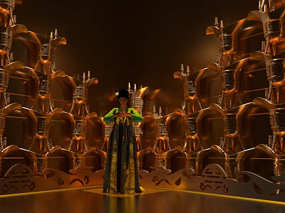 Elegant Figure In Elaborate Attire Amid Ornate Golden Structures And Intricate Decorations 3d model