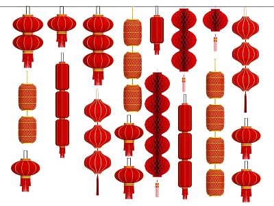 Chinese Traditional Red Lanterns With Various Hanging Styles And Decorative Patterns 3d model