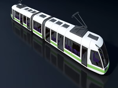 Modern White Green Electric Tram with Black Roof Trolley Pole Multiple Windows and Purple Seats 3d model
