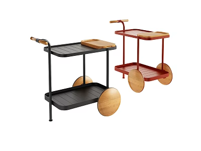 Commercial Equipment Trolleys in Black and Red with Wooden Wheels and Trays 3d model