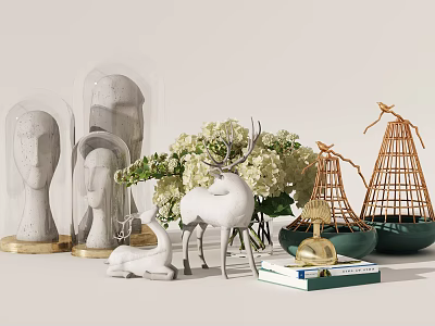 Stylish Ornamental Decor Collection With Glass Cloches Deer Figurine Flower Arrangement And Wicker Decor 3d model