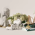 Stylish Ornamental Decor Collection With Glass Cloches Deer Figurine Flower Arrangement And Wicker Decor