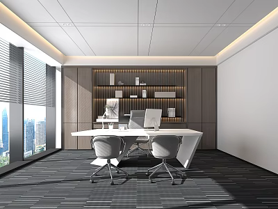 Modern Office Interior Design With White Desk Modern Chairs And City View Windows 3d model