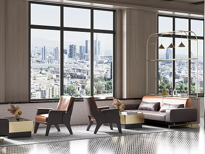Cozy Lounge Area With Large Windows City View Sofa Armchairs Coffee Tables Golden Pendant Light 3d model