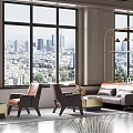Cozy Lounge Area With Large Windows City View Sofa Armchairs Coffee Tables Golden Pendant Light