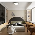 Modern Kids Room Interior Design With Arch Bed Stuffed Toy Bookshelves And Window Blinds