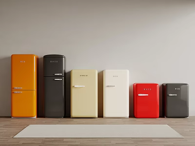 Assorted Color Retro Style Refrigerators Display In Modern Room With Wooden Floor And Light Rug 3d model