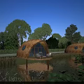 Round Floating Boutique Hotel With Thatched Roof Surrounded by Trees and Lotus