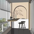 Home Balcony with Louvered Blinds Arched Design Flower Branch Vase Counter and Stools Overlooking Trees