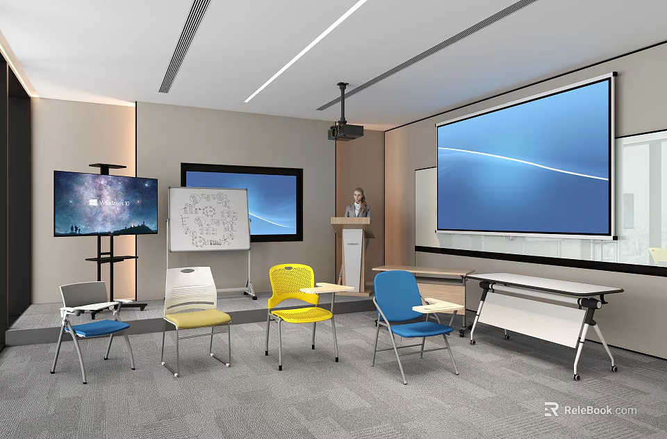 Modern Conference Room with Multiple Screens Colorful Chairs Whiteboard and Podium 3d model 