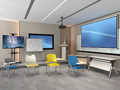 Modern Conference Room with Multiple Screens Colorful Chairs Whiteboard and Podium 3d model