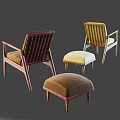 Brown And Yellow Modern Lounge Chairs Featuring Wooden Frames Fabric Seats And Ottoman Stools