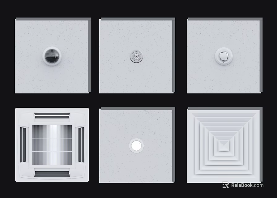 Modern Ceiling Design With Circular Light Holes Vent Grilles And Layered Square Patterns 3d model