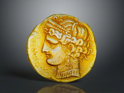 Ancient Gold Coin Featuring Head With Curly Hair Headdress And Golden Surface 3d model