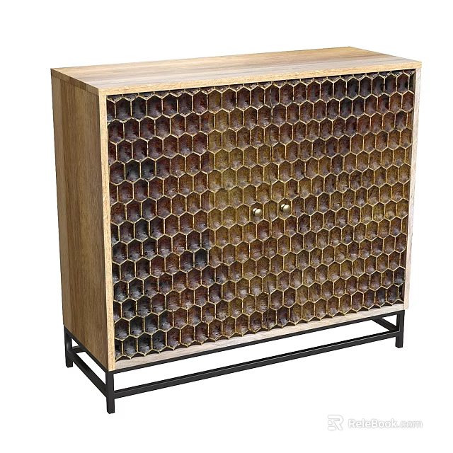 Wooden Storage Cabinet With Honeycomb Design And Black Metal Legs For Home Organization 3d model 