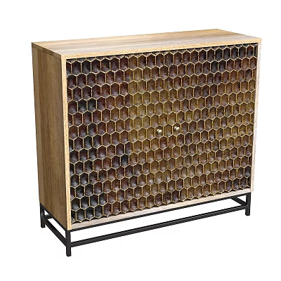 Wooden Storage Cabinet With Honeycomb Design And Black Metal Legs For Home Organization 3d model