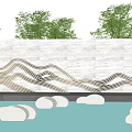 Stone Feature Wall With Wave Pattern Design Water Pool Round Stones Green Trees Blue Sky