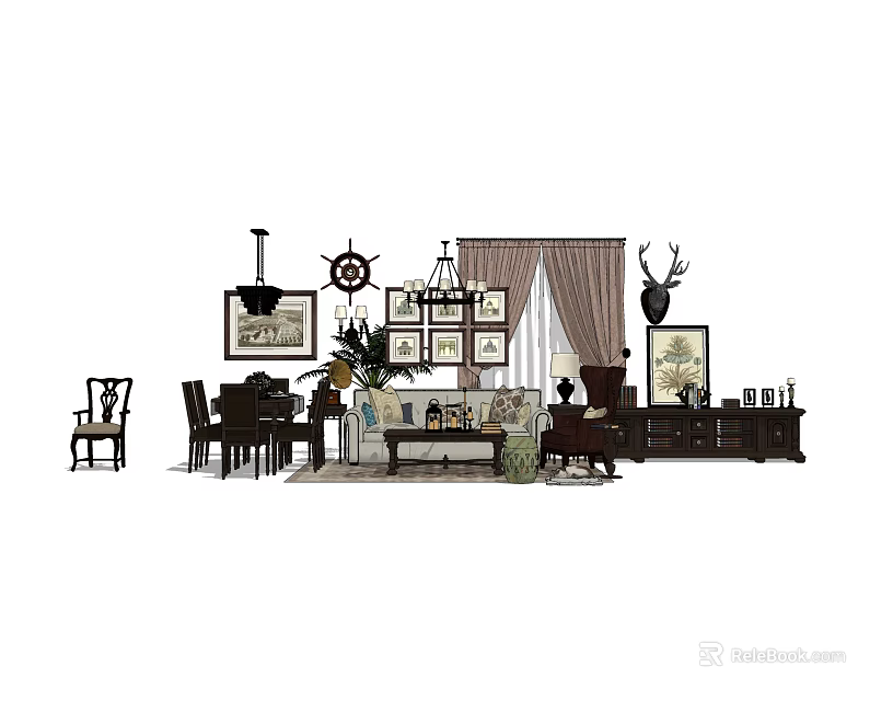 Classic Living Room Interior With Sofa Coffee Table Set Chandelier Wall Art And Curtains 3d model 