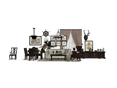 Classic Living Room Interior With Sofa Coffee Table Set Chandelier Wall Art And Curtains 3d model