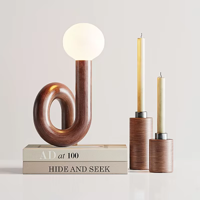 Stylish Wooden Table Lamp With Circular Base Globe Shade On Stacked Books And Candle Holders 3d model