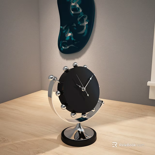 Decorative Ornament Set With Black Clock Silver Base Spherical Decorations And Blue Green Decorative Art 3d model 