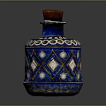 Blue Ceramic Decorative Bottle With Red Cork Stopper And Geometric Patterns