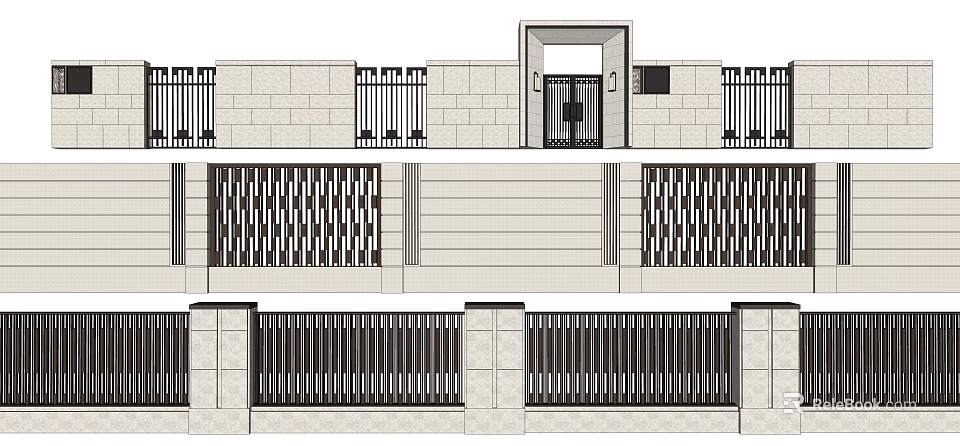 Modern Feature Wall Design With Stone Panels Lattice Grilles And Metal Railings 3d model 