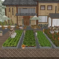Traditional Garden Landscape With Wooden Deck Planting Beds Green Vegetables Flowers Umbrellas And Stone Lanterns