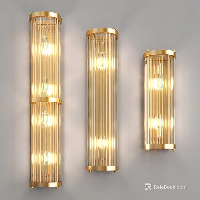 Illuminated Golden Striped Wall Sconces With Linear Design Mounted On White Wall 3d model 